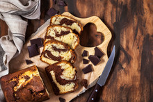 Delicious Homemade Marble Pound Cake  On Wooden Background, Top View