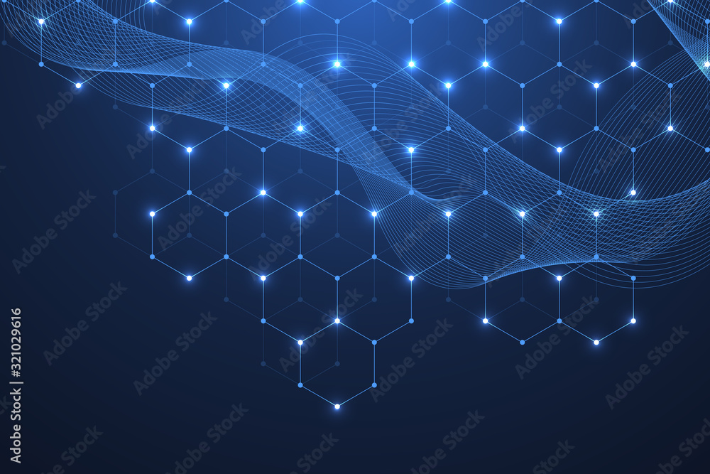 Technology abstract lines and dots connect background with hexagons. Hexagons connection digital data and big data concept. Hex digital data visualization. Vector illustration. - obrazy, fototapety, plakaty 