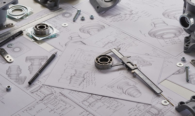 Poster - Engineer technician designing drawings mechanical parts engineering Engine.manufacturing factory Industry Industrial work project blueprints measuring bearings caliper tools
