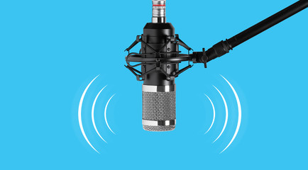 Wall Mural - Studio microphone for recording podcasts isolated on blue