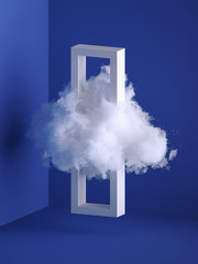Wall Mural - 3d render, white cloud flying through the rectangular frame. Minimal room interior. Levitation concept. Objects isolated on blue background, modern design, abstract metaphor. Color of the year 2020