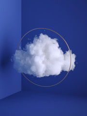 Wall Mural - 3d render, white fluffy cloud flying through the golden ring. Minimal room interior. Levitation concept. Objects isolated on blue background, modern design, abstract metaphor. Color of the year 2020