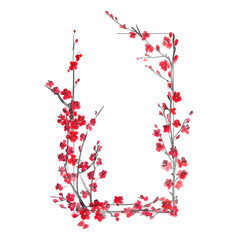  hand drawn illustration: floral rectangle frame made of sakura branches. Spring cherry blossom