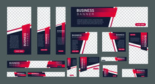 Set Of Creative Web Banners In Standard Size With A Place For Photos. Vertical, Horizontal And Square Template With Gradient Black And Red Color . Vector Illustration EPS 10