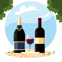 Poster - bottle and glass of wine with background landscape