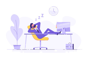 Man fell asleep at the table in the office. Work overtime. Modern vector illustration.