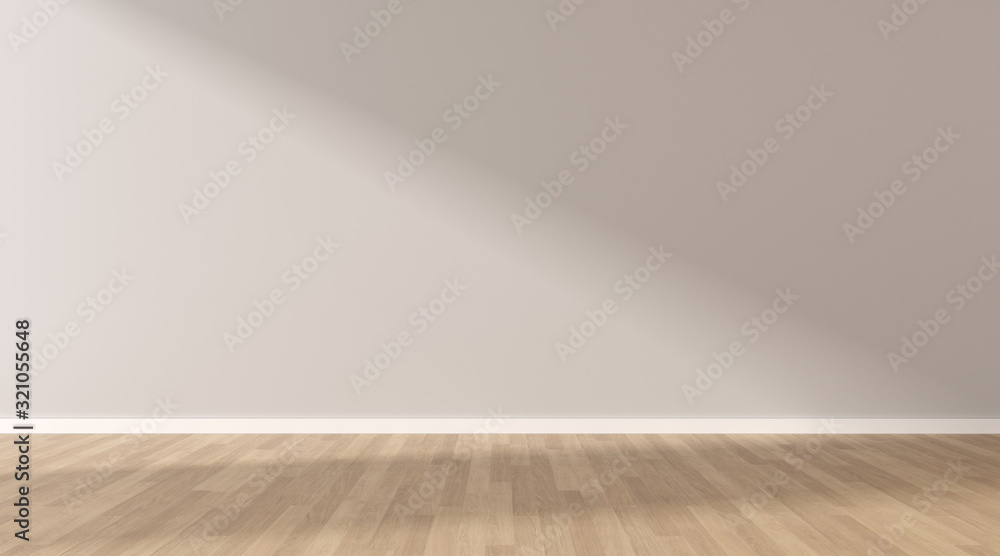 Mock-up of light grey empty room and wood laminate floor with sun light cast the shadow on the wall,Perspective of minimal interior design. 3D rendering - obrazy, fototapety, plakaty 