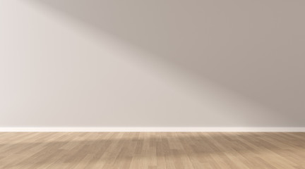Poster - Mock-up of light grey empty room and wood laminate floor with sun light cast the shadow on the wall,Perspective of minimal interior design. 3D rendering