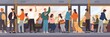 Different cartoon people go by public transport vector flat illustration. Crowd of passengers characters inside city bus. Colored man and woman at train interior