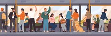Different Cartoon People Go By Public Transport Vector Flat Illustration. Crowd Of Passengers Characters Inside City Bus. Colored Man And Woman At Train Interior