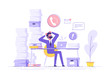 Tired and exasperated office worker is grabbed his head among piles of papers and documents. Stress in the office. Rush work. Modern vector illustration.