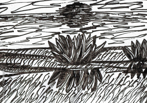 Lotus in a Sunset. Hand drawn ink drawing.