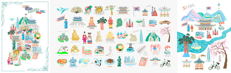 set of 50 doodle vector illustration - sights of South Korea travel collection