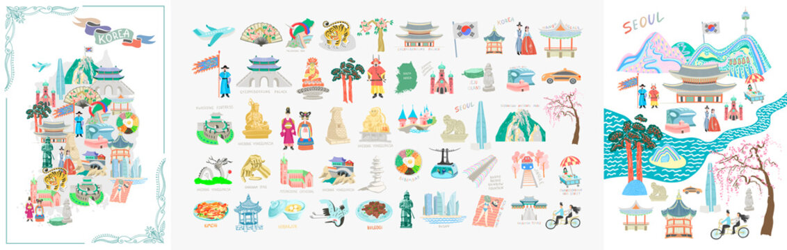 set of 50 doodle vector illustration - sights of south korea travel collection