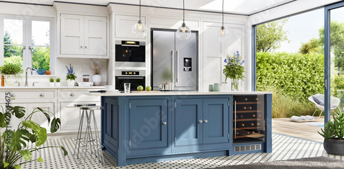 Fotomural Interior design of a kitchen in a modern house with an open terrace and swimming