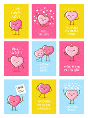 Wall Mural - Set of Valentines day vertical greeting cards design with cute happy hearts on color backgrounds