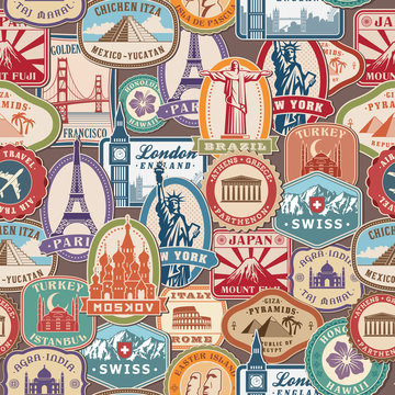 Wall Mural - Travel pattern. Immigration stamps stickers with historical cultural objects travelling visa immigration vector textile seamless design. Illustration of sticker travel, national landmark label