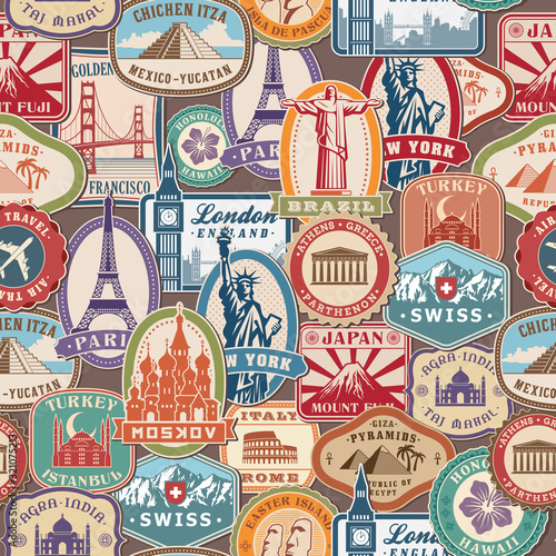 Naklejka na szybę Travel pattern. Immigration stamps stickers with historical cultural objects travelling visa immigration vector textile seamless design. Illustration of sticker travel, national landmark label