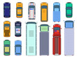© WinWin - Car top view. Street vehicle engine roof viewing, traffic cars, city bus, ambulance and truck, public and civil transport isolated vector illustration set. flat color different vehicles from above