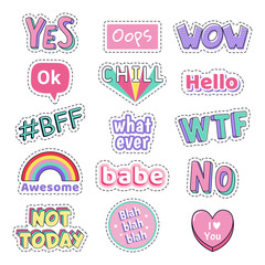 teenage speech patch stickers. girls fashion funny text patches. oops, wow and yes, no cute doodle t