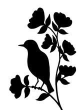 Black Silhouette Of A Bird On A Branch With Flowers On A White Background