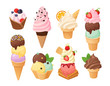 Cartoon ice cream and waffle cones with gelato balls. Ice cream food in chocolate strawberry mint and vanilla flavors. Dessert foods. Different topping and fruit.  Vector illustration part 3/5