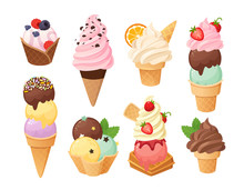 Cartoon Ice Cream And Waffle Cones With Gelato Balls. Ice Cream Food In Chocolate Strawberry Mint And Vanilla Flavors. Dessert Foods. Different Topping And Fruit.  Vector Illustration Part 3/5