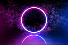 Neon Color Geometric Circle On A Dark Background. Round Mystical Portal, Luminous Line, Neon Sign. Reflection Of Blue And Pink Neon Light On The Floor. Rays Of Light In The Dark, Smoke. Vector. EPS 10