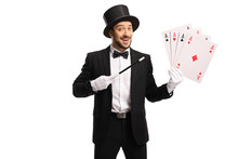 Cheerful Magician With A Magic Wand And 4 Aces