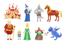 Fantasy Fairy Tale Clipart. Cartoon Characters Princess, Knight, Dragon, Wizard And King With Castle, Horse And Witch. Medieval Icons Set