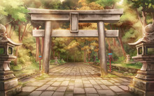 Torii Forest - Afternoon , Anime Background , Illustration.	