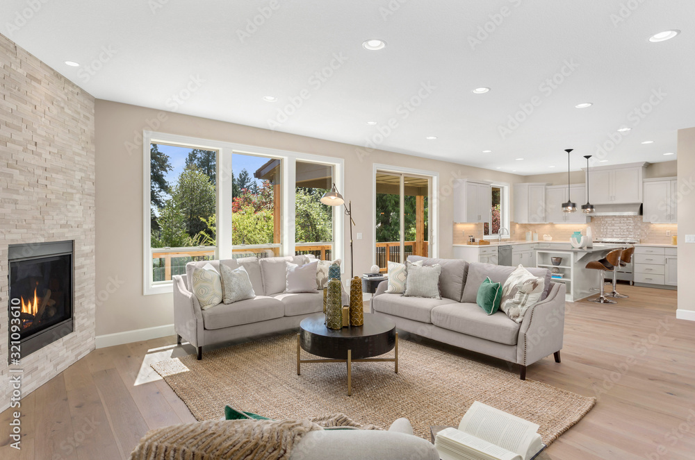 Beautiful living room in new home with open concept floor plan ...