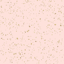 Golden Terrazzo Flooring Texture. Vector Seamless Pattern With Chaotic Scattered Gold Confetti On Pink Background. Luxury Mosaic Floor Surface. Trendy Grunge Design For Decor, Gift Paper, Print, Cover