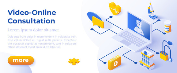 VIDEO ONLINE CONSULTATION - Isometric Design in Trendy Colors. Isometrical Icons on Blue Background. Illustration for Online Consultation WebSite or Health Monitoring Advertising Banner.
