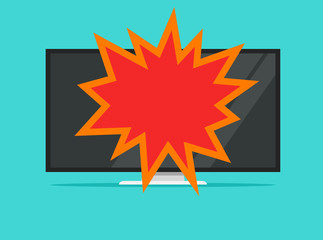 Wall Mural - Broken led tv screen or crashed computer monitor vector flat cartoon illustration, destroyed with explosion wide screen television display modern design image