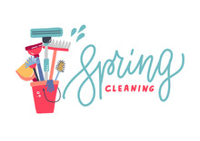 Composition Of Different Tools For Cleaning Servicein A Bucket Colored On White Background. Letttering Quote - Spring Cleaning. Flat Hand Drawn Vector Illustration