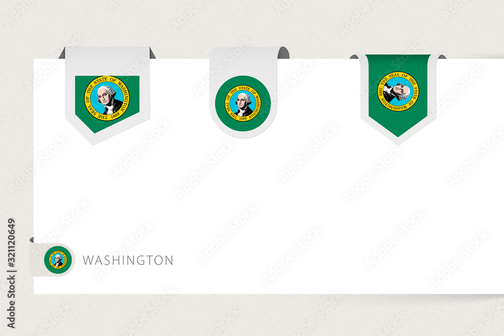 Washington State Lable Label flag collection of US state Washington in different shape. Ribbon ...