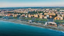 Lido Di Ostia Famous Italian Sandy Beach Aerial Panorama.