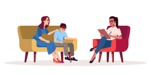 Poster - Family psychotherapy session semi flat RGB color vector illustration. Mother and son relationship. Family problems. Transitional age. Psychology consultation. Isolated cartoon character on white