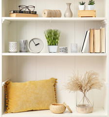 White shelving unit with plants and different decorative stuff