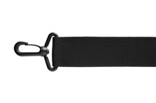 Black Belt Rope Strap Lanyard, Hanging Plastic Clasp Snap Latch Hook Carabiner, Isolated Macro Closeup, Horizontal