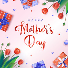Happy Mothers Day Greeting Card With Red Tulips, Hearts, And Gifts On A Pink Background. Vector Illustration In A Modern Style