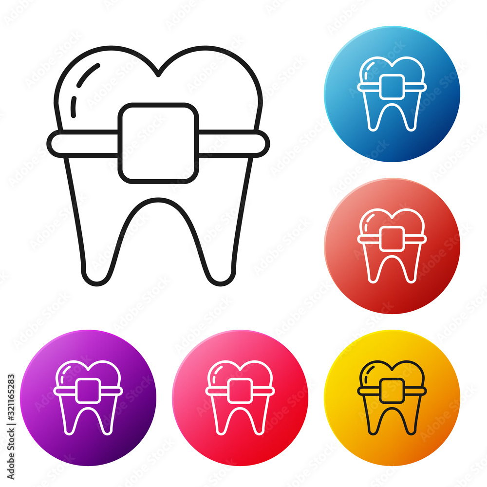 Black line Teeth with braces icon isolated on white background ...
