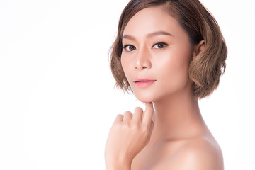 Portrait beautiful young asian woman clean fresh bare skin concept. Asian girl beauty face skincare and health wellness, Facial treatment, Perfect skin, Natural makeup, on white background,two