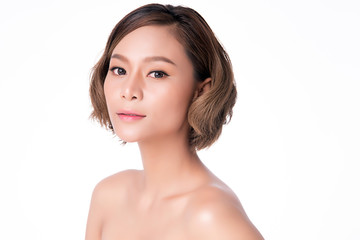 Portrait beautiful young asian woman clean fresh bare skin concept. Asian girl beauty face skincare and health wellness, Facial treatment, Perfect skin, Natural makeup, on white background,two