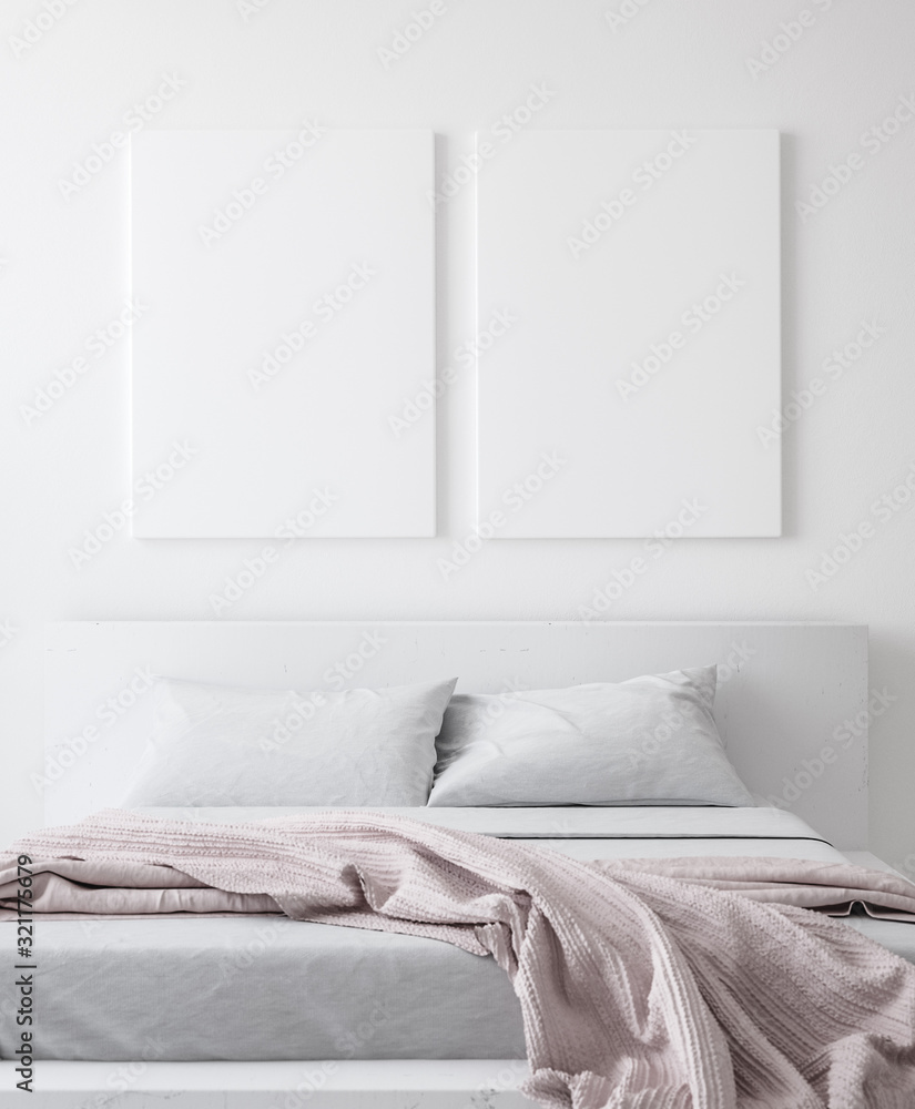 Mockup poster in bedroom, Scandinavian style, 3d render - obrazy, fototapety, plakaty 