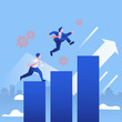 Business arrow concept with businessman  jumping on the graph. grow chart up increase profit sales and investment. background vector