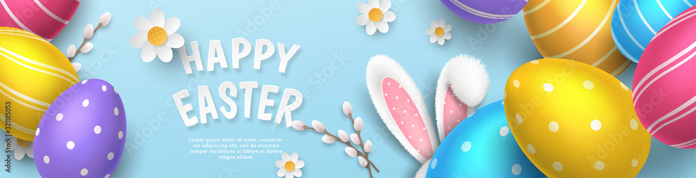 Vector cute horizontal greeting banner with fur ears of bunny, realistic colored 3D eggs, paper pussy willow and chamomiles on blue background. Festive cartoon template with paper text Happy Easter. - obrazy, fototapety, plakaty 