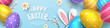 Vector cute horizontal greeting banner with fur ears of bunny, realistic colored 3D eggs, paper pussy willow and chamomiles on blue background. Festive cartoon template with paper text Happy Easter.