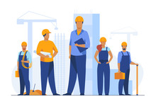 Construction Team Working On Site. Builders, Engineers, Architects In Helmets And Overalls Holding Blueprints, Toolkits, Measuring Tools. Vector Illustration For Building, Engineering, Labor